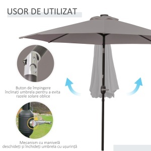 Umbrelă de Grădină Inclinabilă Ø265 cm cu 32 Lumini LED Solare și Manivelă, Umbrelă de Exterior cu 8 Spițe, din Oțel și Poliester, pentru Patio, Curte, Balcon, Terasă, Gri - Img 7