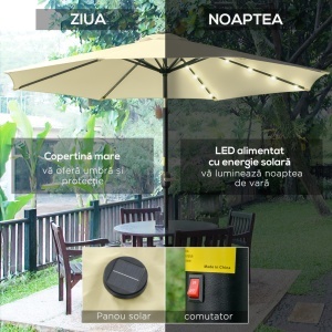 Umbrelă de Grădină Inclinabilă Ø265 cm cu 32 Lumini LED Solare și Manivelă, Umbrelă de Exterior cu 8 Spițe, din Oțel, Poliester, pentru Terasă, Curte, Balcon, Bej - Img 4