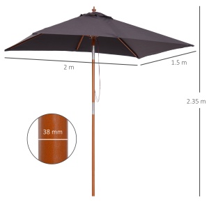 Umbrela de Gradina Rabatabila 2x1.5m, 6 Stinghii si Stalp din Lemn de Brad Deschidere cu Coarda, Gri Inchis - Img 3