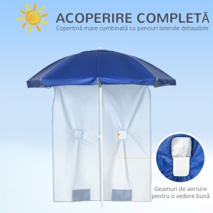 Umbrelă de Plajă cu Acoperiș Înclinabil la 45°, Ferestre și 2 Buzunare, Ø191x211 cm, Albastru - Img 7