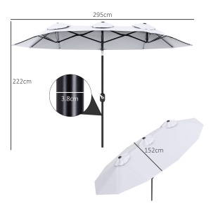 Umbrela de soare de gradina basculabila dubla cu deschidere cu manivela, copertina cu orificii cu ventilatie si 12 nervuri, 295x152x222cm, alb - Img 3