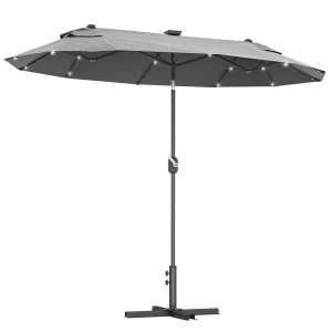 Umbrela de terasa cu doua fete cu lumini solare si baza in cruce, Umbrela de masa pentru exterior cu buton de inclinare, manivela, 2 orificii de ventilatie, pentru gradina, punte, Gri - Img 1