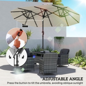 Umbrelă dublă, umbrelă terasă, înclinabilă, cu panou solar, 35 LED-uri, cadru din oțel, bej, 2,92 x 1,50 x 2,18 m - Img 5