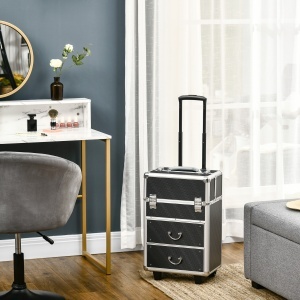 Valiza de make-up profesional din aluminiu si otel armat, cu incuietoare cu 2 chei si roti, negru 36x23x58cm - Img 2