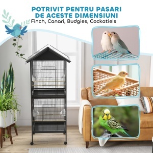 Volieră pentru Păsări cu Roți, Tăvi Detașabile din Plastic și Stinghii, Colivie pentru Canari din Metal, 168 cm, Negru - Img 6