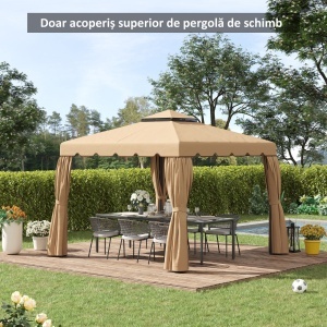 Acoperiș de Schimb pentru Pavilion 3x3 m cu 2 Niveluri, Copertină Rezistentă la Apă din Poliester 170g/㎡ cu 8 Orificii de Drenaj, Bej - Img 7