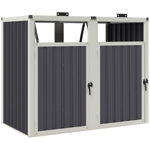 Acoperitor pentru Tomberoane de Exterior cu 2 Compartimente, Capac Rabatabil 180°, din Oțel Galvanizat, pentru Grădină sau Patio, 146x81x122 cm, Gri Închis - Img 1