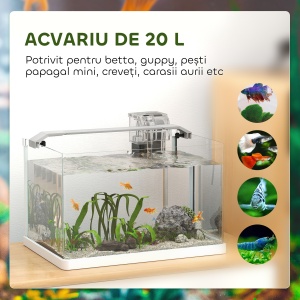 Acvariu pentru Pești Roșii din Sticlă cu Lumini LED cu Filtru și Pompă de Apă, 38x26x27 cm, Alb - Img 6
