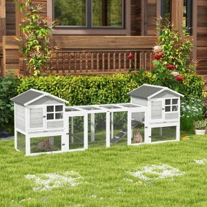 Adapost din Lemn pentru Iepuri pentru Exterior cu 2 Custi si Zona Deschisa Imprejmuita cu Usi si Rampe, 259x64x92 cm, Gri - Img 2