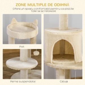 Ansamblu de Joacă pentru pisici adulte cu căsuță spațioasă și platformă, 104 cm, Crem - Img 4