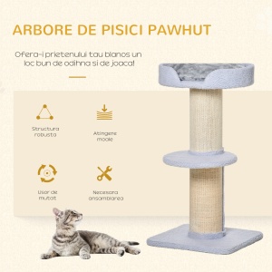 Ansamblu de joaca pentru pisici cu culcus, perna si tapiterie din plus, stalp din franghie de sisal, 45x45x91cm, albastru deschis - Img 4