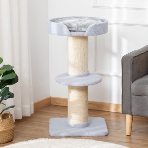 Ansamblu de joaca pentru pisici cu culcus, perna si tapiterie din plus, stalp din franghie de sisal, 45x45x91cm, albastru deschis - Img 9