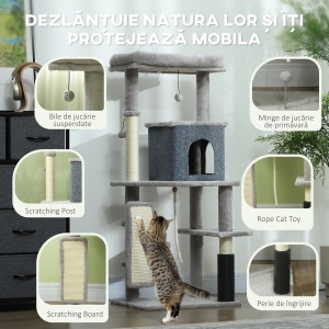 Ansamblu de Joacă pentru Pisici Multinivel Înalt 132 cm cu Căsuță, Culcuș, Stâlpi de Zgâriat, Perie și Minge, Gri - Img 5