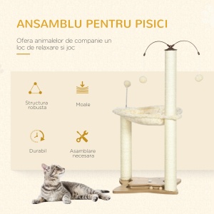 Ansamblu pentru pisici de interior Turn de joaca pentru pisici cu stalpi de zgariat din sisal Jucarie cu minge de hamac, bej, 53,5x53,5x90 cm - Img 4