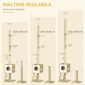 Ansamblu pentru pisici din PAL reglabil in inaltime cu stalp de zgariat pentru pisici, hamac pentru pisici si minge de joaca, 40x40x225-285cm - Img 6