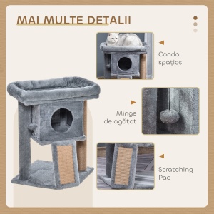Arbor pentru Pisici cu Căsuță și Pat din Pluș, Zgâriător din Iută și Minge, Gri - Img 5