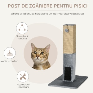 Arbore pentru Zgariat Pisici cu 2 Mingi Jucarie si Perie, din Lemn, Iuta si Plus, 59.5x39x79 cm, Gri - Img 4