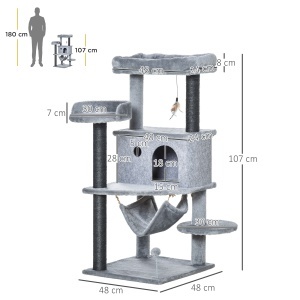 Arbore Răzuitoare pentru Pisici 48x48x107 cm Turn pentru Pisici cu Cavernă de Fetru Demontabilă Hamacă Paturi Platforme Gri - Img 3