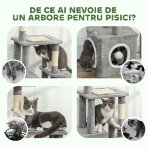Arbore Zgâriător pentru Pisici cu Căsuță, Pat și 2 Mingi, Turn pentru Pisici din PFL, Pluș, Bumbac PP și Sisal, 55x40x107 cm, Gri și Alb - Img 7
