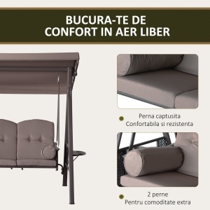 Balansoar Autoportant pentru 3 Persoane, Scaun de Relaxare Exterior, Șezut Cu Perne și Acoperiș Reglabil, Maro - Img 6