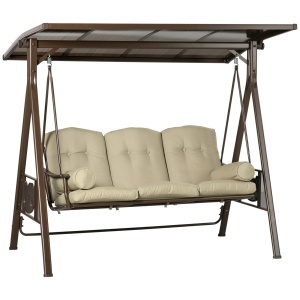 Balansoar de Gradina 3 Locuri din Otel si Poliester cu Baldachin Rabatabil din PC si Perne pentru Spatar si Brate, 208x120x174 cm, Maro si Kaki - Img 1