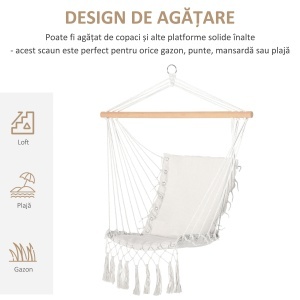 Balansoar Suspendat din Țesătură cu Ciucuri și Bară din Lemn de Plop, 90x50 cm, Crem - Img 5