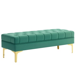 Bancă cu Husă Capitonată din Catifea cu Picioare Metalice pentru Hol, Coridor și Living, 118x45x42 cm, Verde - Img 1