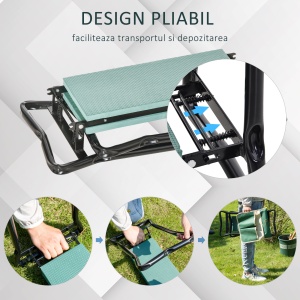 Bancă de grădină 2 în 1 cu protecție pentru genunchi, pernuțe din spumă EVA și geantă pentru depozitare, 58x28x49 cm, Verde - Img 5