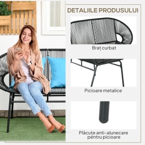 Bancă de grădină cu 2 locuri din metal și sfoară din rășină cu 2 perne - dim. 132L x 72l x 83Î cm - negru - Img 6