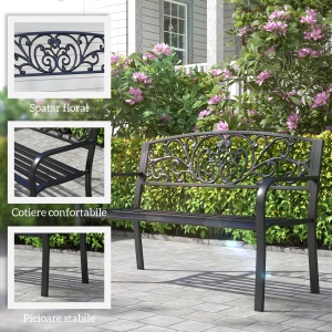 Banca de gradina din metal cu spătar decorat, 127x60x87cm – negru - Img 6