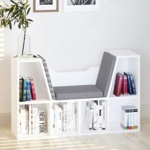Bibliotecă 2 în 1 cu Perne Confortabile și 6 Compartimente, Mobilier Multifuncțional pentru Cărți și Jocuri, Raft cu 6 Cuburi pentru Sufragerie, Dormitor și Birou, 102x30x61 cm, Alb - Img 2