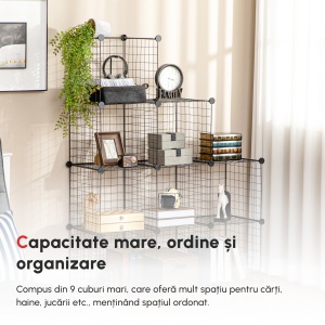 Biblioteca cu economie de spatiu pentru jucarii, haine, 9 cuburi din otel si PP, 35x35x35 cm, negru - Img 6