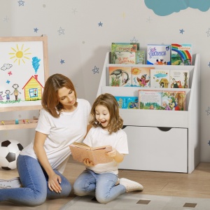 Bibliotecă pentru Copii 3-8 Ani cu 3 Rafturi și Sertar, Raft de Depozitare Jucării, 62,5x30x70 cm, Alb - Img 2