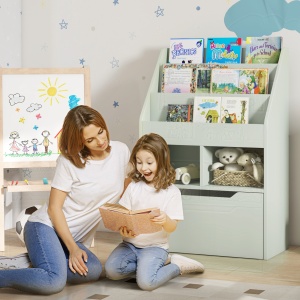 Bibliotecă pentru Copii cu Rafturi, Sertar și Roți, Raft pentru Jucării și Cărți, 60x29.9x90 cm, Verde - Img 2