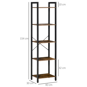 Bibliotecă stil industrial cu 5 rafturi din lemn și oțel, 40x30x154cm - Maro rustic - Img 3