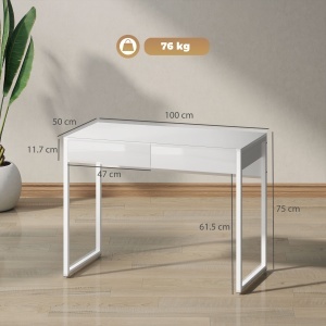 Birou Modern cu 2 Sertare și Picioare din Oțel, 100x50x75 cm, Alb Lucios - Img 3