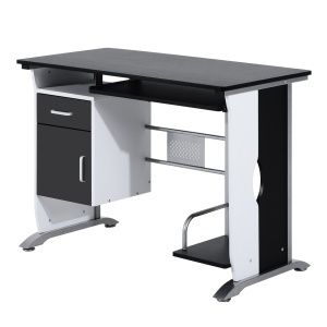 Birou PC 100×52×75 cm – Alb & Negru cu Sertar, Dulap si Raft