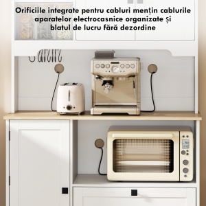Bufet de Bucătărie Înalt 162 cm, Mobilier de Depozitare cu 2 Dulapuri, 2 Sertare, Suport Condimente, Orificii pentru Cabluri, Rafturi Reglabile, Blat pentru Cuptor cu Microunde, Suporturi pentru Cești, Alb - Img 6
