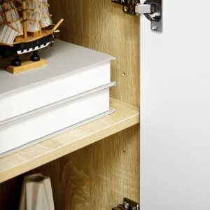 Bufet Modern din PAL si Lemn de di Pin cu 3 Sertare si 2 Dulapioare cu 2 Niveluri, 90x32x80 cm, Alb si Lemn Natur - Img 9