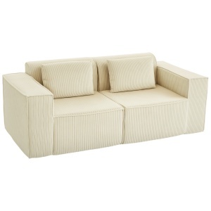 Canapea 3 Locuri Extra Adâncă 65 cm, Canapea Modulară fără Cadru cu Tapițerie Groasă, Cotiere Largi și 2 Perne, Canapea Modernă din Catifea Texturată pentru Living, Bej