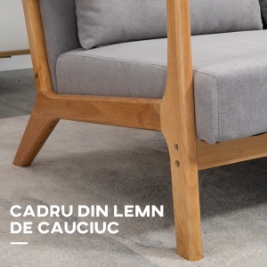 Canapea cu 2 locuri moderna din Lemn cu perne, tasatura cu efect de catifea, 122x80x72 cm, Gri - Img 5