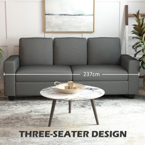 Canapea de 3 Locuri din Material Textil cu Brațe, Perne Căptușite și Înveliș cu Efect de In, 237x94x102 cm, Gri - Img 4