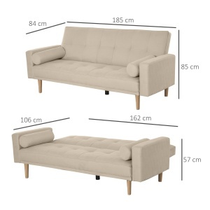 Canapea Extensibilă 2‑în‑1, 3 Locuri, Material Din In și 2 Perne Detașabile, Bej - Img 3