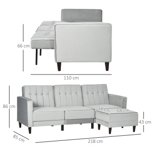 Canapea extensibila cu 3 locuri cu taburet si spatar inclinabil, tapiterie din catifea si scaun captusit, 218x85x86 cm, gri deschis - Img 3