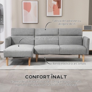 Canapea Extensibila pe Colt cu 3 Locuri din Tesatura Gri Reglabila Stil Scandinav - Img 7