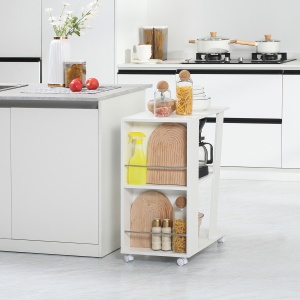 Carucior Bucatarie Lemn Alb – Cu Roti si 2 Rafturi Deschise - Img 8