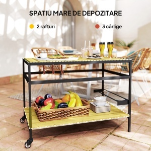 Cărucior cu Roți din Lemn cu 2 Rafturi, 3 Cârlige, Blat cu Lamele și Mâner 107x65x80 cm Natural - Img 4