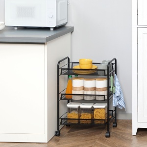 Carucior de bucatarie cu 3 niveluri cu cosuri detasabile si 4 roti, otel si plastic PP, 45Lx26,5x63cm, Negru - Img 2
