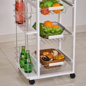 Carucior de Bucatarie cu Economisire de Spatiu din Lemn Alb cu 4 Roti 3 Cosuri Detasabile - Img 9