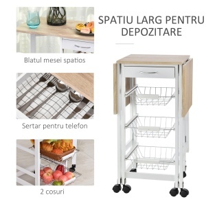 Carucior de Bucatarie Extensibil cu 3 sertare, MDF/Metal, 37x37x77.5 cm, Alb - Img 6